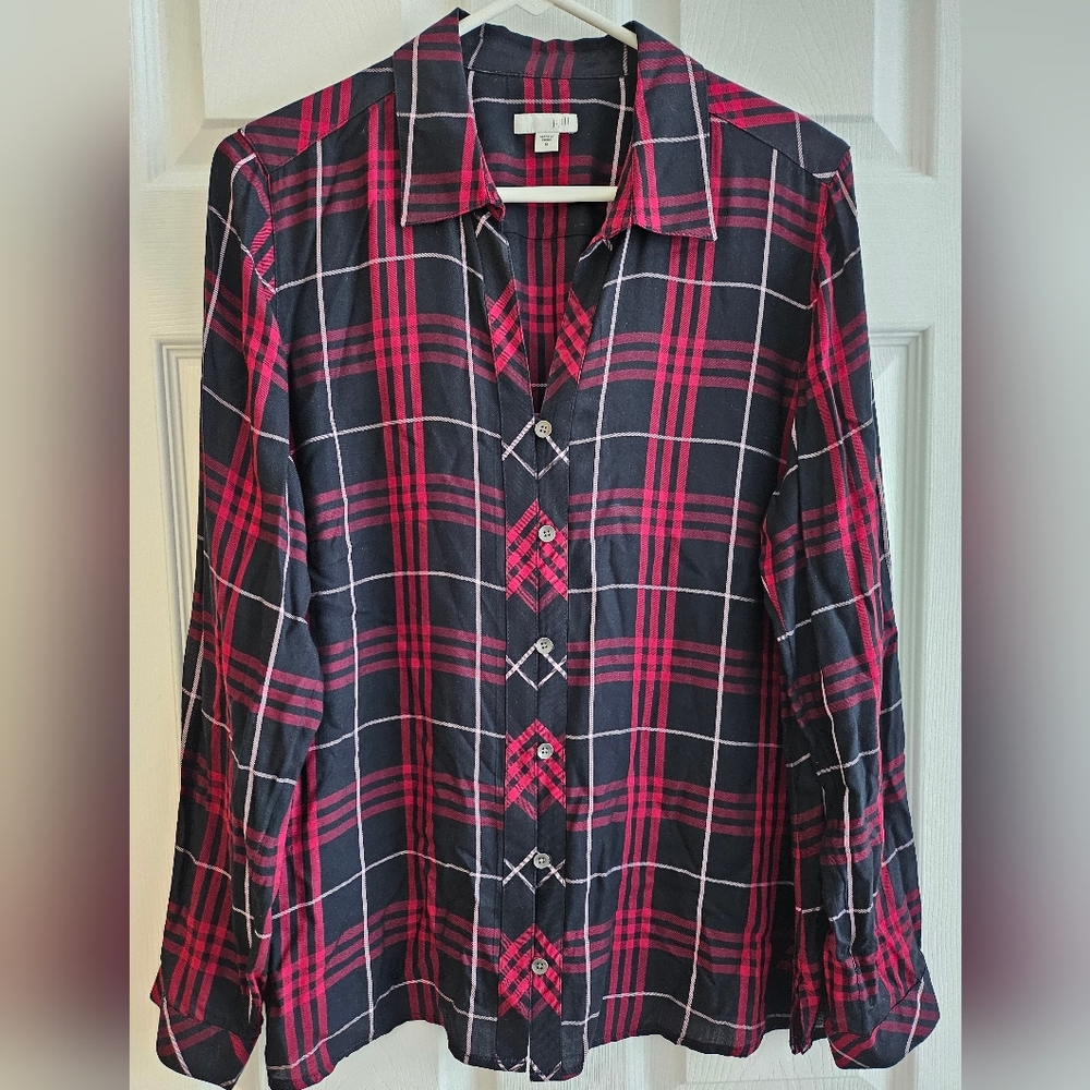 J Jill Medium Plaid Shirt Blouse Red & Black Western